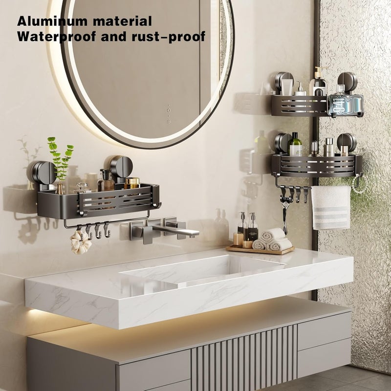 VOLPONE Shower Caddy Suction Cup No Drilling Suction Cup Shower Shelf Heavy Duty Bathroom Shower Organizer Storage Rack Adhesive with Towel Bar Hooks (1-Pack, Matte Gray) - Image 2